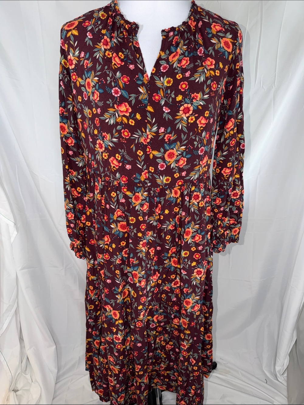 🛍️Old Navy Floral Midi Dress in Burgundy with Orange Bloom